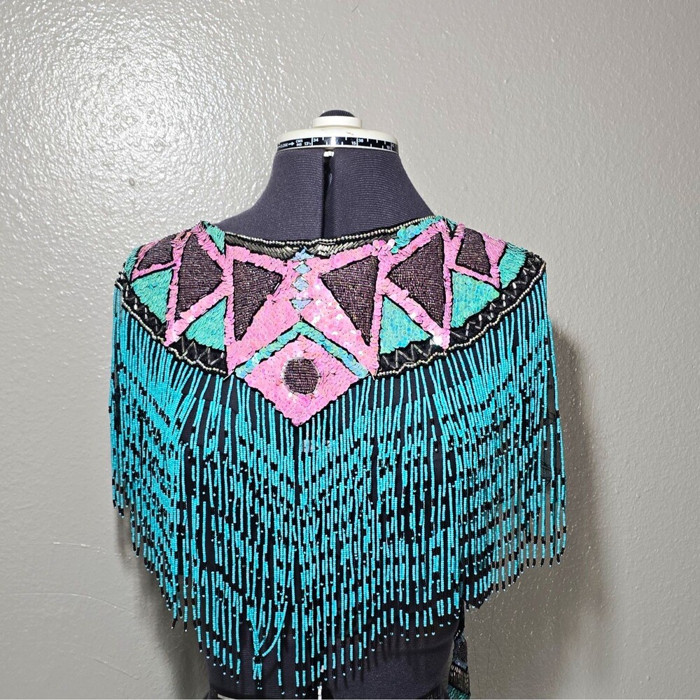 Embellished Beaded Fringe Wrap — Turquoise & Pink